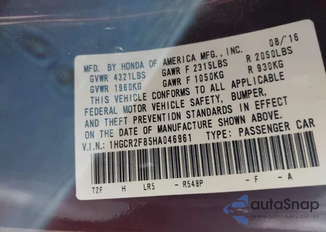 2017 Honda Accord Ex-L z USA, uszkodzony, nr VIN 1HGCR2F85HA046961